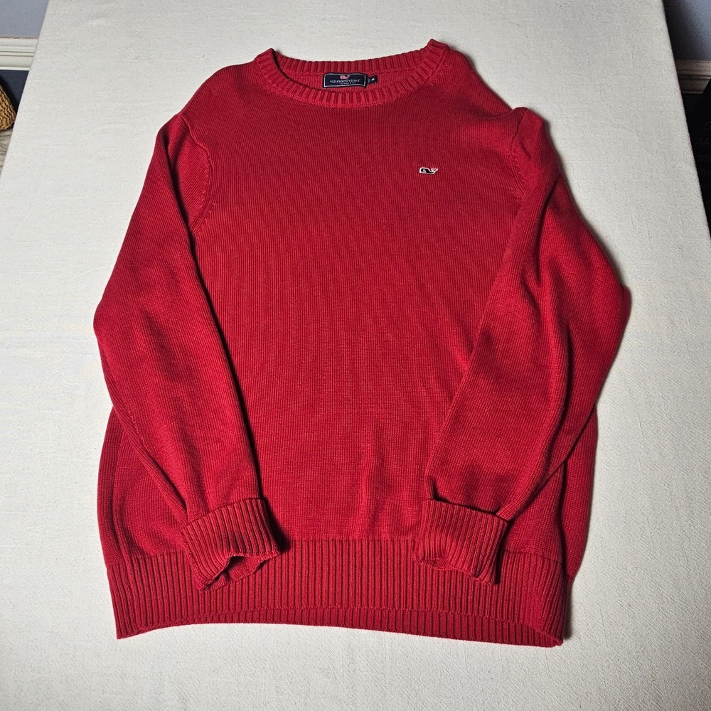 Vineyard Vines Mens Red Cotton Crewneck Shaker Stitch Whale Sweater Men